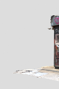Imagen 3D de un kiosko grafiteado.