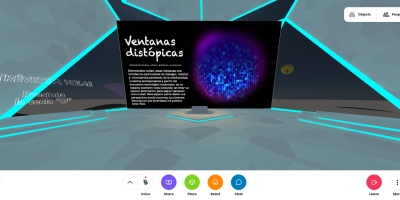 Pantalla virtual con el título “Ventanas distópicas” dentro de un entorno 3D.
